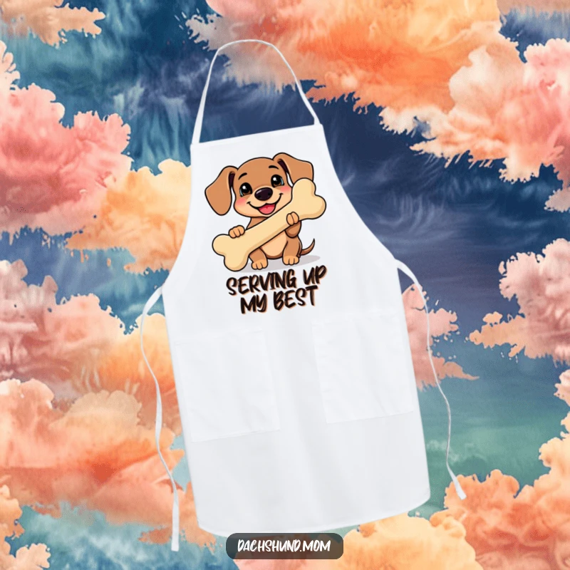 Funny Kawaii Dachshund Apron showing a cute dachshund proudly holding a giant smiling bone, ready for funny kitchen tasks.