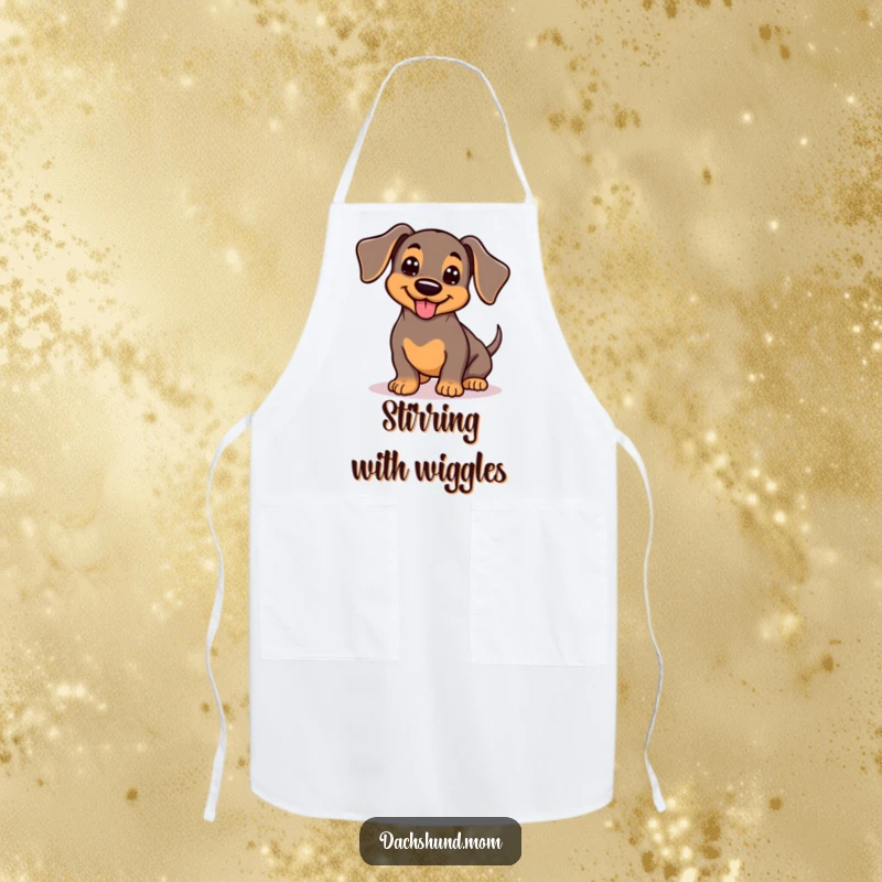 Funny Kawaii Dachshund Apron: Adorable wiggling dog with wagging tail, cute kitchen accessory, happy chef attire.