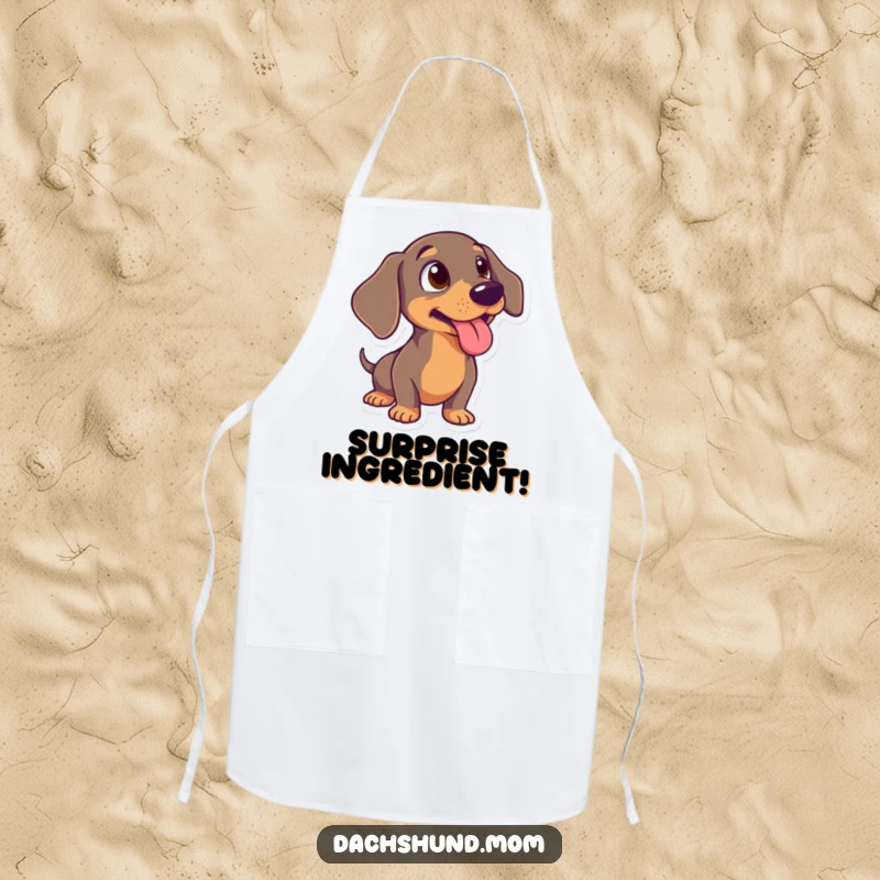 Funny Dachshund Apron: A chef wiener dog looking surprised with its tongue sticking out, ready for kitchen duty.