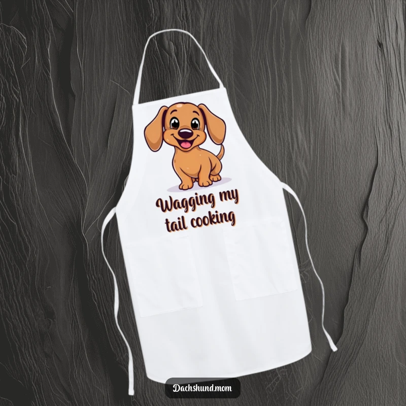 Funny Dachshund Apron featuring a stylized, smiling body enthusiastically wagging its tail, ideal for cheerful cooking.