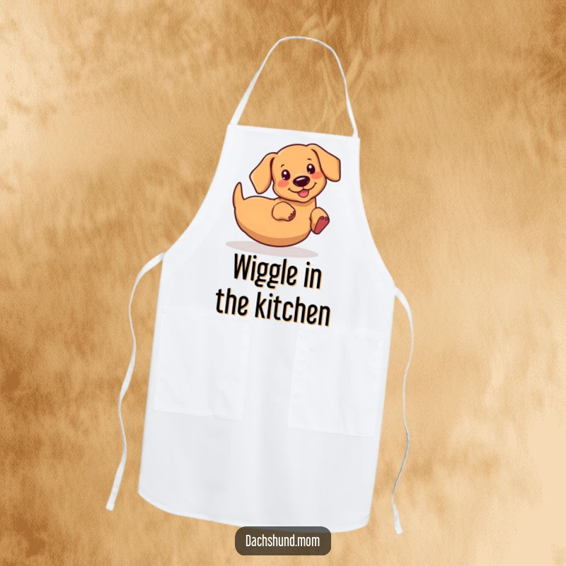 Funny kawaii dachshund apron, wiggling its rear end with gusto, perfect for adding humor to cooking and baking, a great gift.