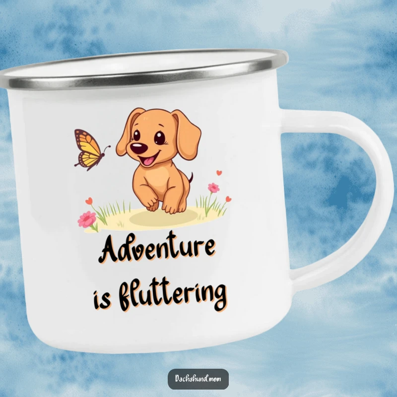 Funny Dachshund puppy camping mug illustration of a pup chasing a butterfly, perfect for outdoor lovers.