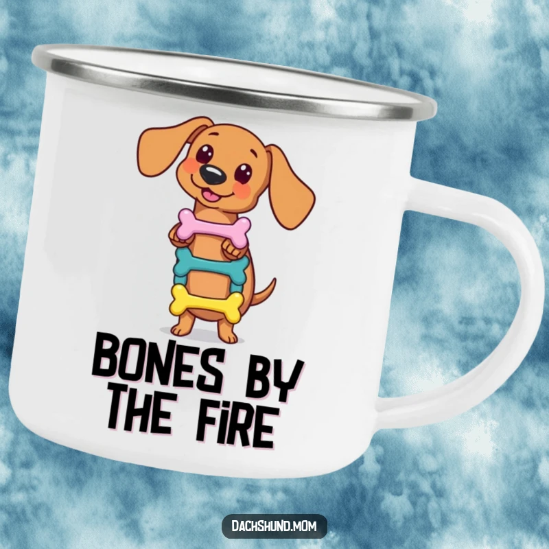 Funny kawaii dachshund camping mug, skillfully balancing a small stack of colorful bones, durable and fun for outdoor adventures, a great gift.