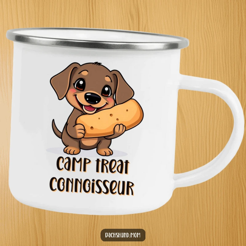 Funny Kawaii Dachshund Camping Mug: a goofy dachshund with a big grin holds a comically large treat, perfect for happy outdoor moments.