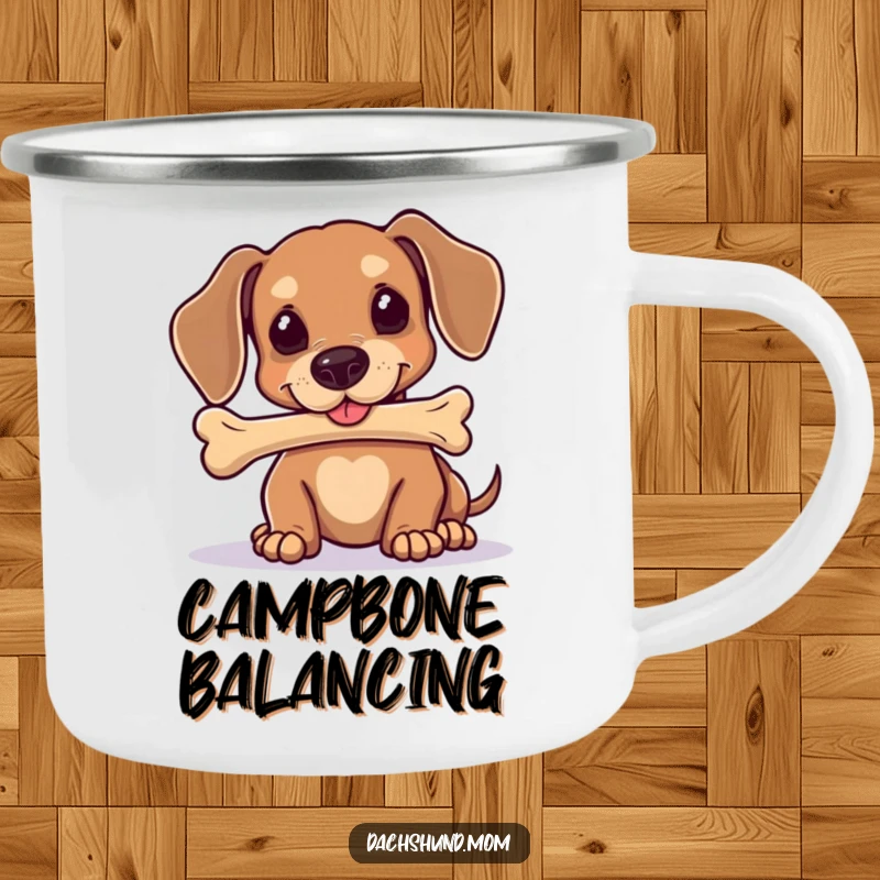 Funny Kawaii Dachshund Camping Mug: A cute dog balances a bone on its nose, perfect for enjoying nature and impressive feats.