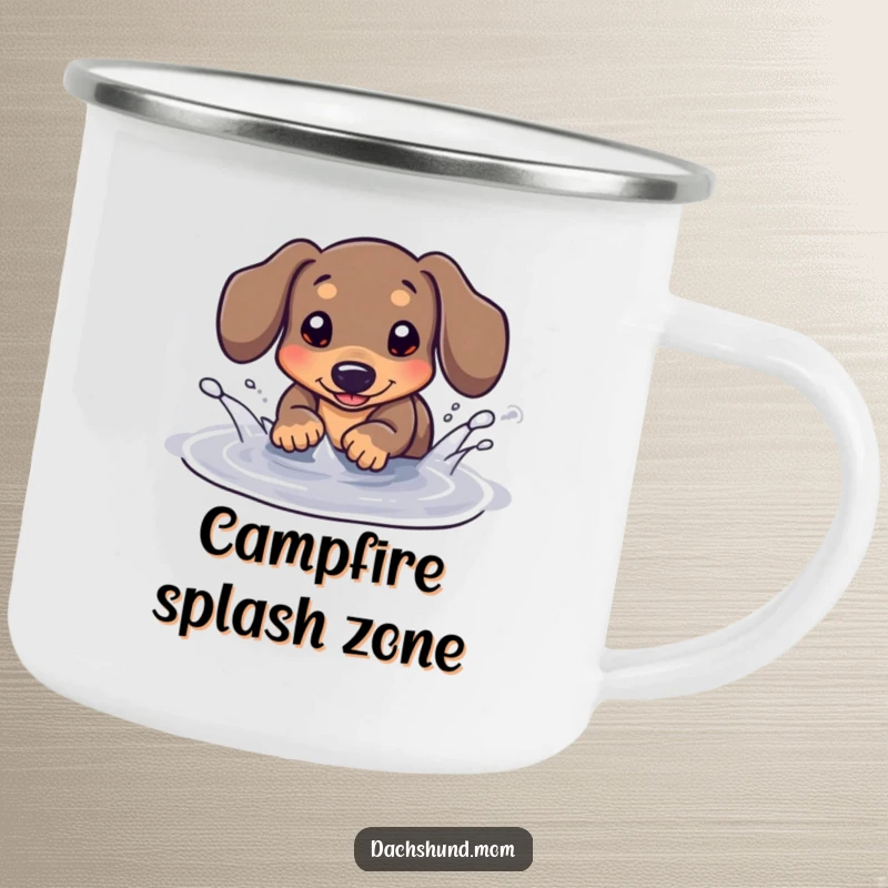 Funny Kawaii Dachshund Camping Mug: A dachshund playfully splashes in a puddle, bringing fun to your camp site.