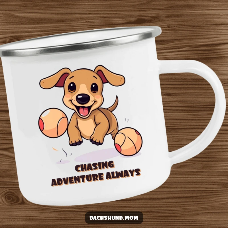 Funny Kawaii Dachshund Camping Mug: Adorable dog excitedly chasing bouncing ball, cute outdoor drinkware, playful camper.