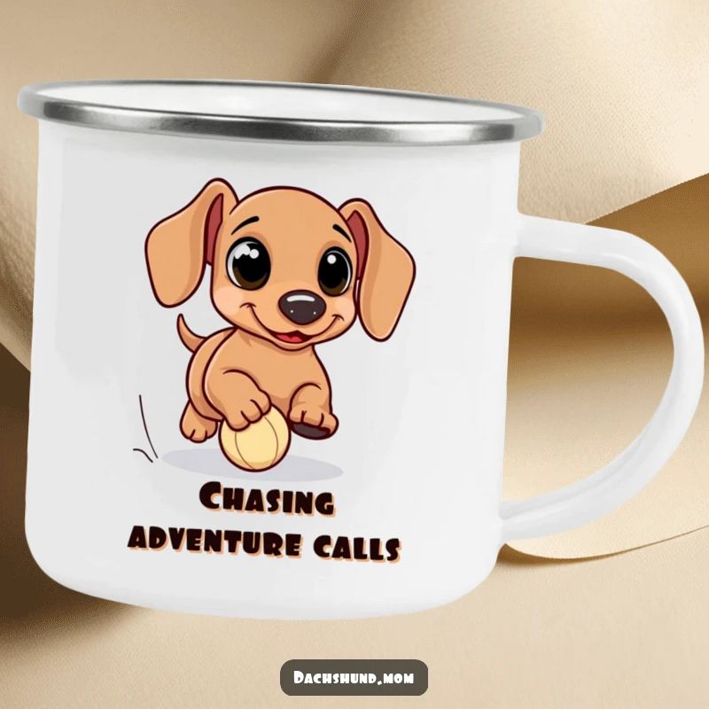 Funny kawaii dachshund camping mug, with oversized eyes, chasing a small ball, durable and fun for outdoor adventures, a great gift.
