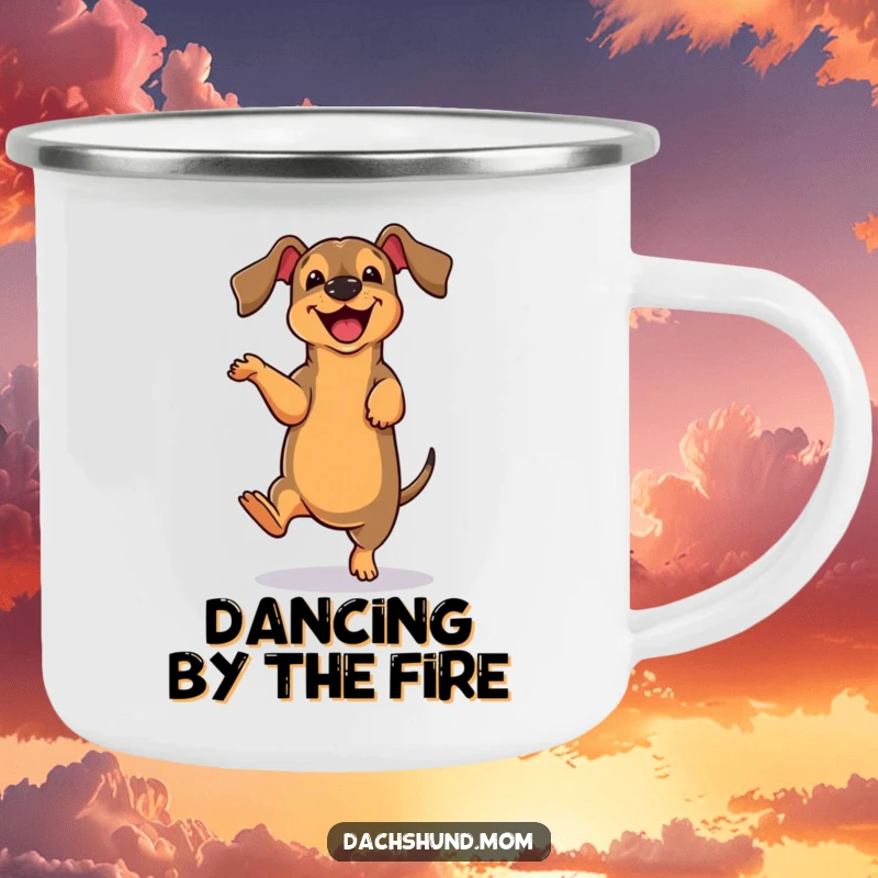 Funny cute dachshund character doing a clumsy dance move on a rugged camping mug, perfect for outdoor fun.