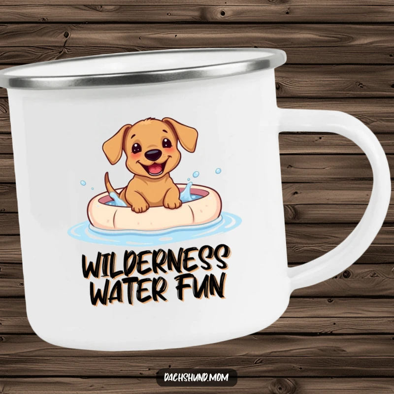 Funny Dachshund puppy camping mug illustration of a happy dog splashing in a kiddie pool.
