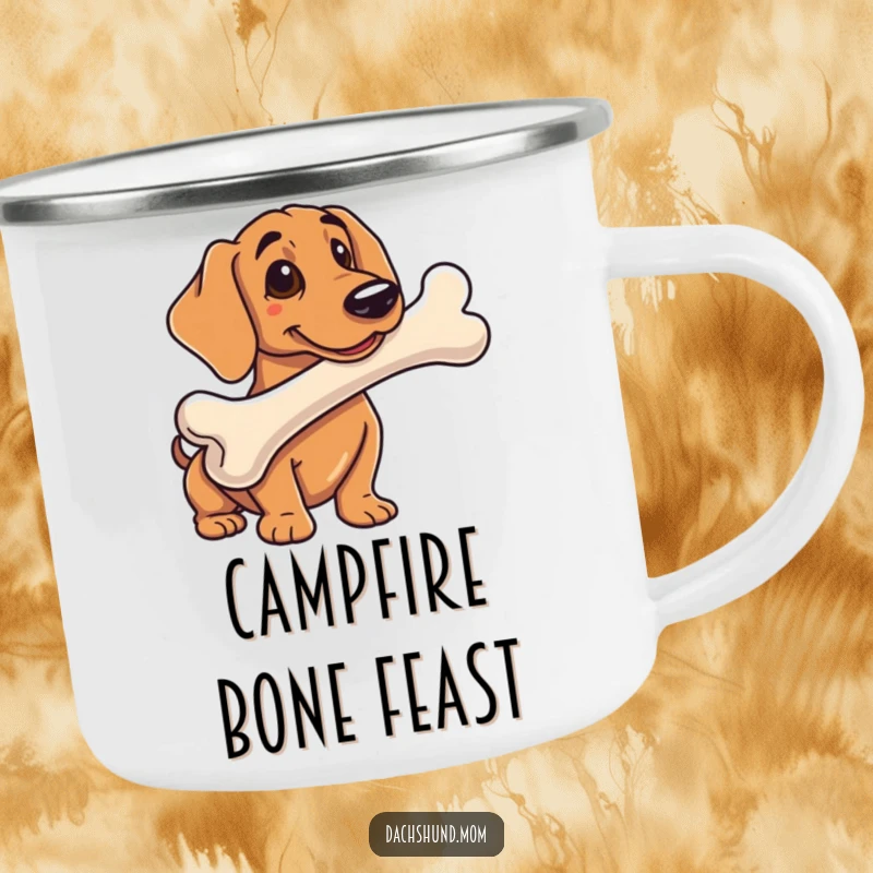 Funny enamel camping mug showing a dachshunds with a comically large bone, ideal for outdoor adventures and hydration.