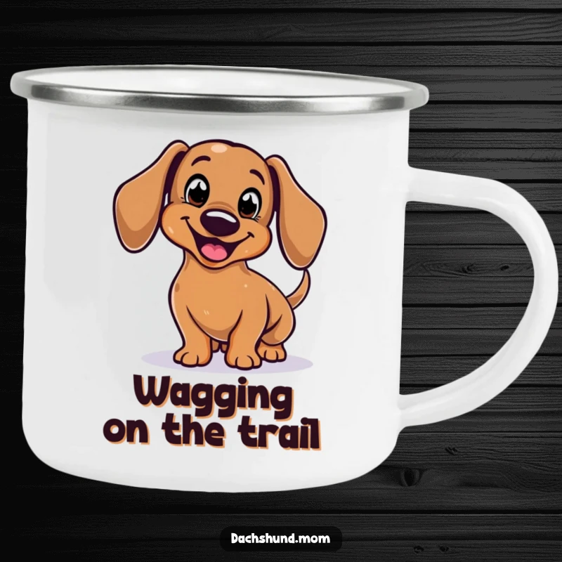 Funny Dachshund Camping Mug with a stylized, smiling body enthusiastically wagging its tail, ready for adventures.
