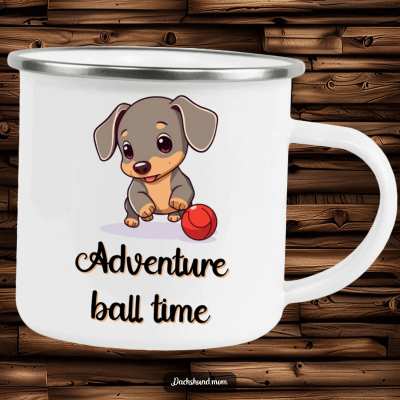 Funny Dachshund Cub Camp Mug: A cute Dachshund puppy playing with a red ball. Durable and humorous enamel mug.