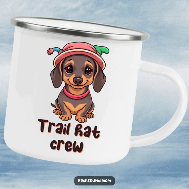 Funny Dachshund Camping Mug: A rugged mug showcasing a wiener dog sporting a variety of comical, colorful hats.