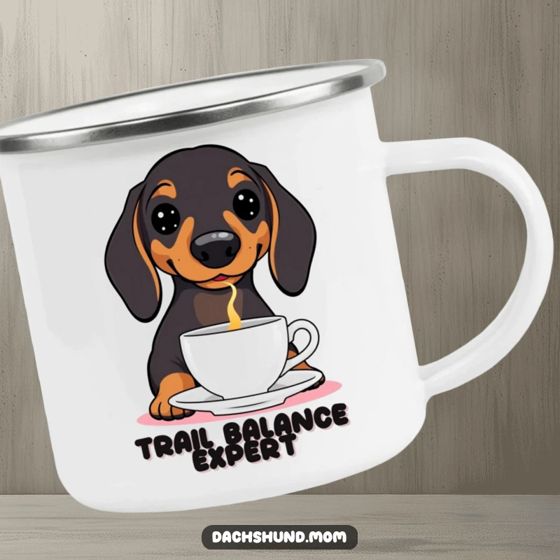 Funny Dachshund Camping Mug: A rugged mug showing a wiener dog balancing a teacup on its nose, ready for the outdoors.