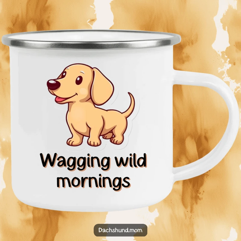 Funny enamel camping mug showing a dachshunds tail wagging with pure joy, ideal for outdoor adventures.