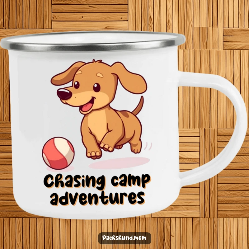 Funny Kawaii Dachshund Camping Mug: Cute doxie wagging its tail, chasing a bouncing ball, a durable and humorous outdoor cup.