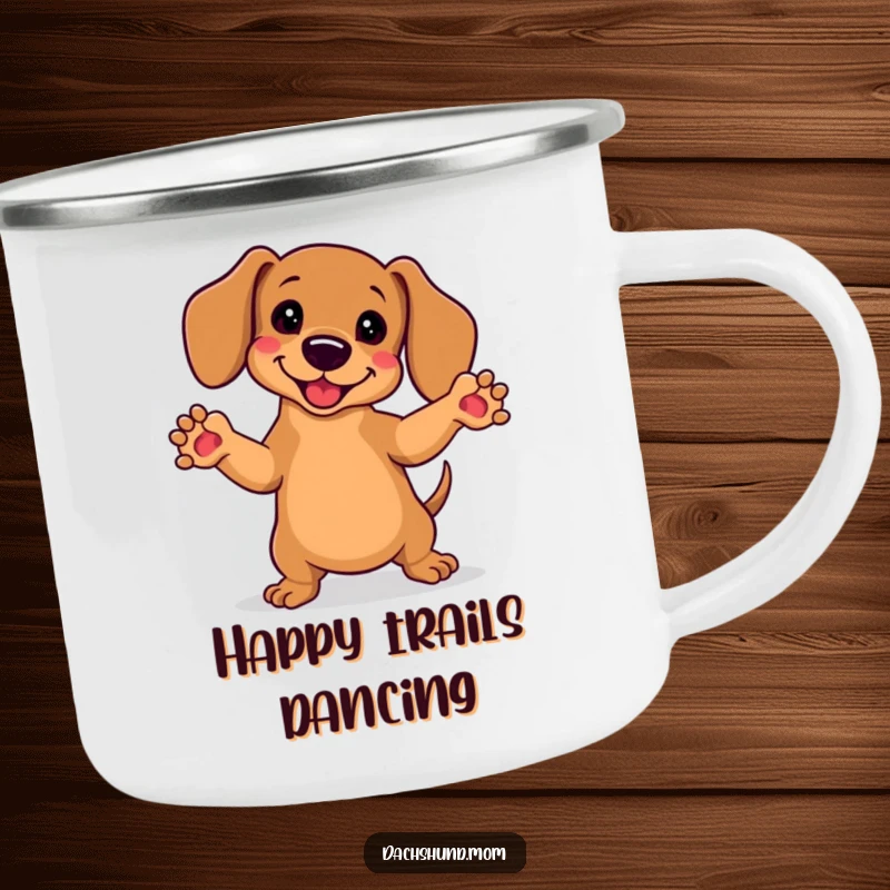 Funny Kawaii Dachshund Camping Mug: A dancing dachshund with paws in the air, perfect for enjoying hot drinks during outdoor parties.