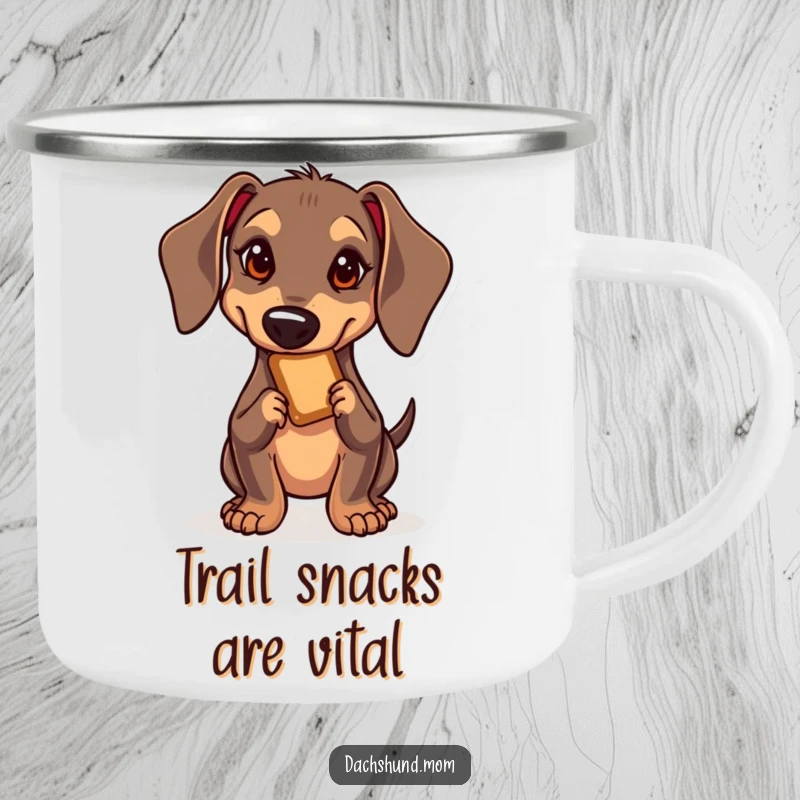 Funny Kawaii Dachshund Camping Mug: A determined dachshund sneaking for a treat, perfect for enjoying coffee during outdoor missions.