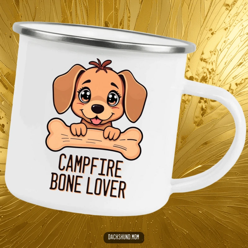 Funny Kawaii Dachshund Camping Mug with sparkling eyes peeking from behind a giant bone on an outdoor trip.