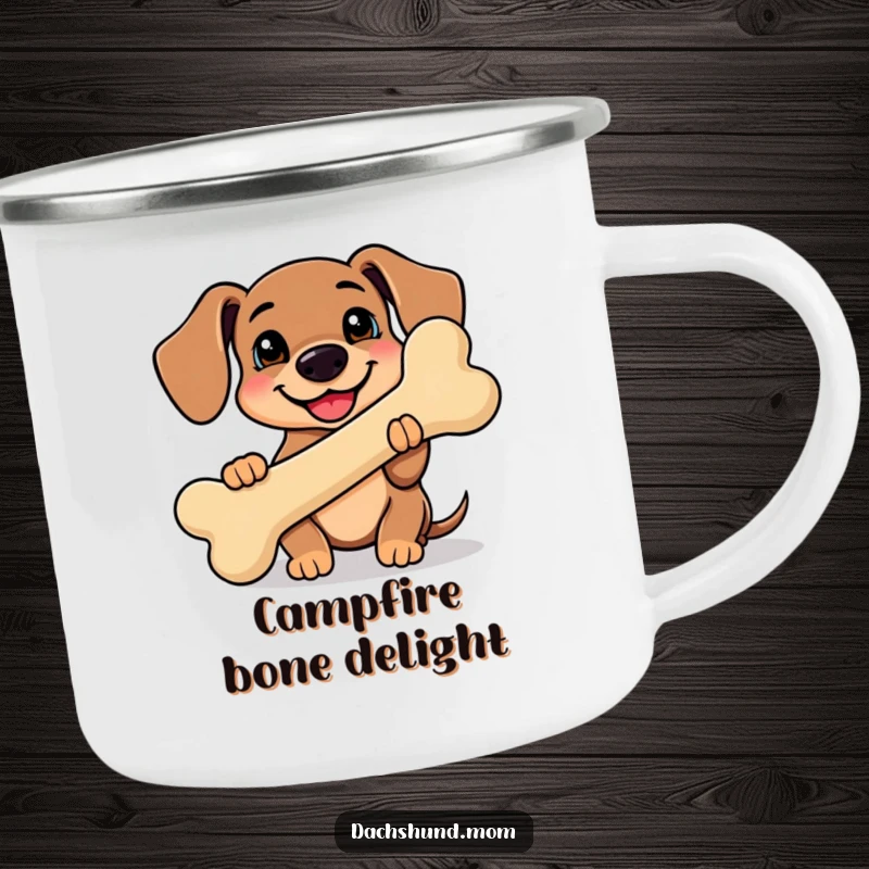 Funny Kawaii Dachshund Camping Mug featuring a cute dachshund holding a giant smiling bone, ready for funny outdoor sips.