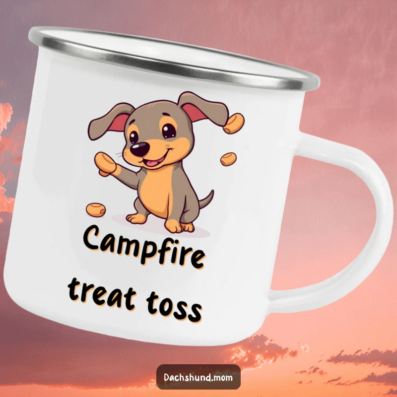 Funny camping mug with a kawaii dachshund hilariously juggling treats, perfect for outdoor humor and cute fans.