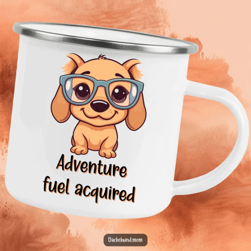 Funny Kawaii Dachshund Camping Mug: A durable mug with a silly dachshund wearing oversized glasses, perfect for the outdoors.