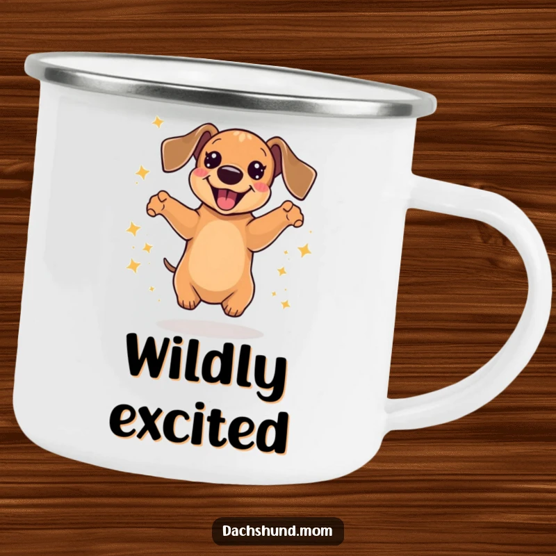Funny Kawaii Dachshund Camping Mug featuring a dog jumping with pure delight, surrounded by glittering sparkles, an adventurous gift.