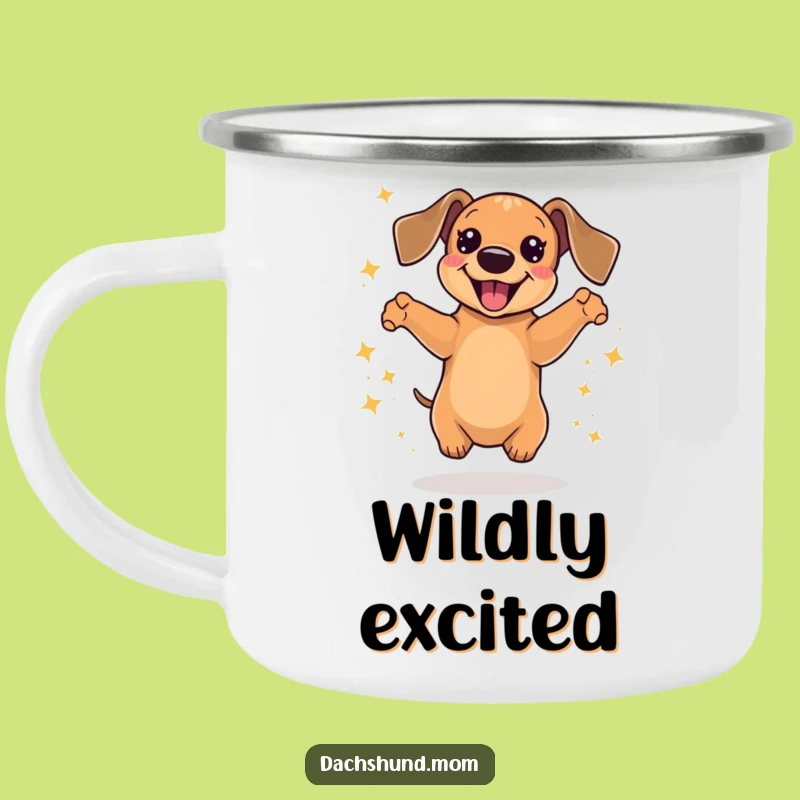 Funny Kawaii Dachshund Camping Mug: Sparkly Delight Jumps Outdoors