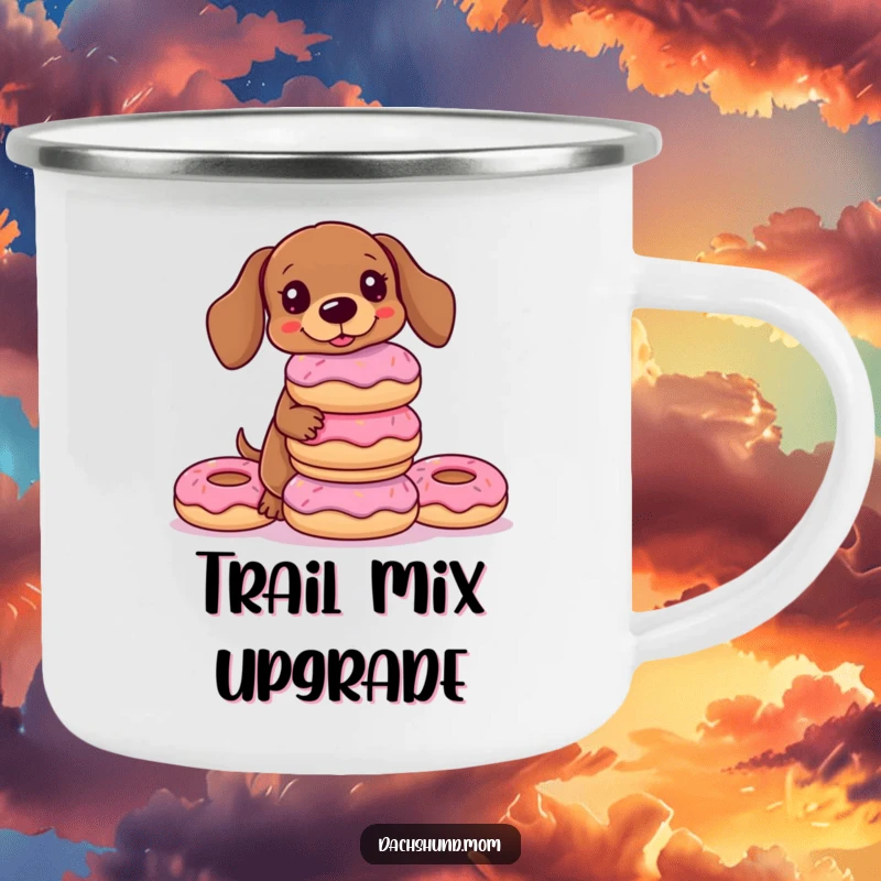 Funny Kawaii Dachshund Camping Mug featuring a dog balancing a stack of donuts, perfect for outdoor humor and gifting.