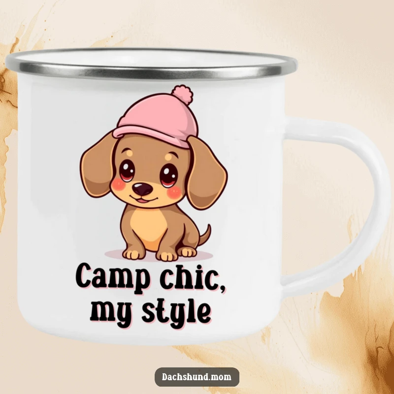 Funny Kawaii Dachshund Camping Mug, a rugged mug showing a dog wearing a hat, ready for outdoor fun.
