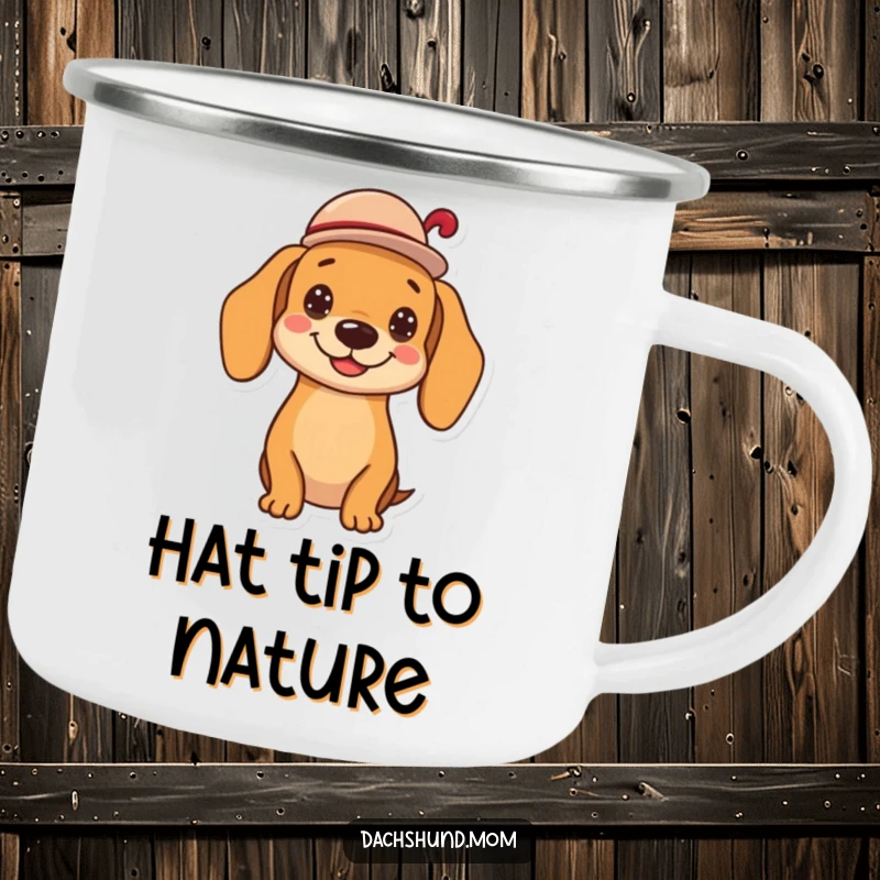 Funny kawaii dachshund camping mug, tipping a small hat with a cheerful grin, durable and fun for outdoor adventures, a great gift.