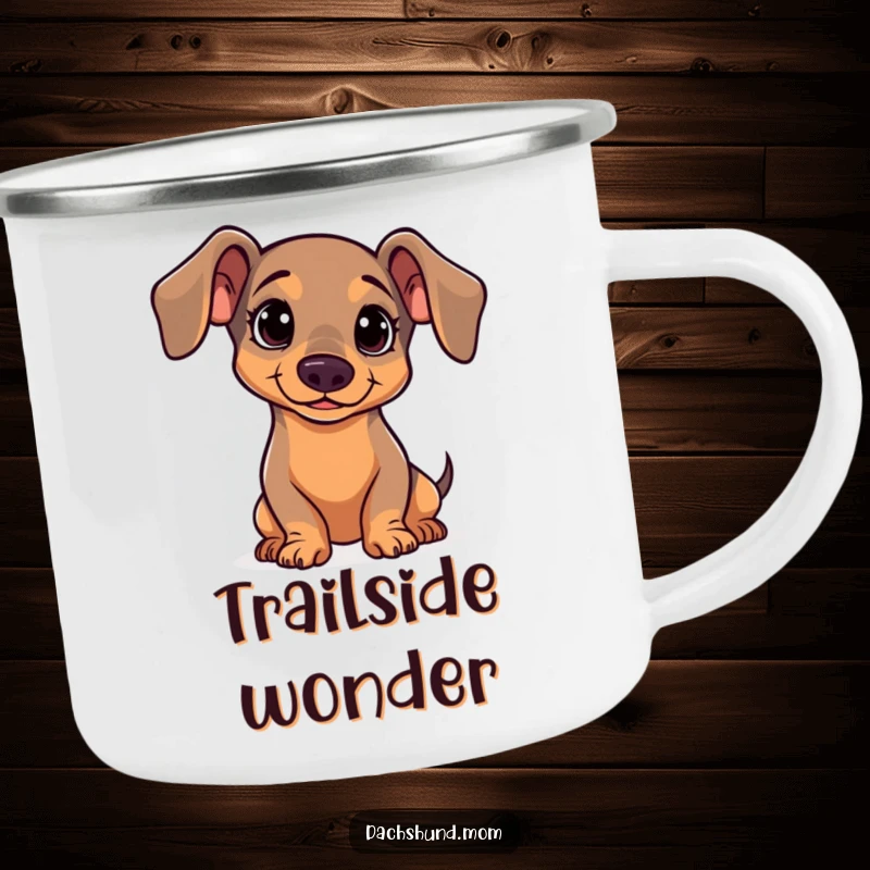 Funny Dachshund Camping Mug: A cute kawaii dachshund tilting its head with a curious expression, ready for outdoor exploration.