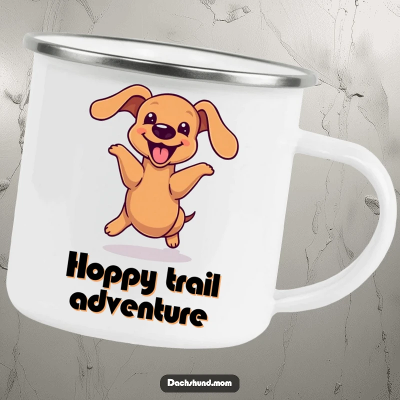 Funny kawaii dachshund camping mug, doing a joyful hop with its long body, conveying pure excitement, durable and fun for outdoor adventures, a great gift.