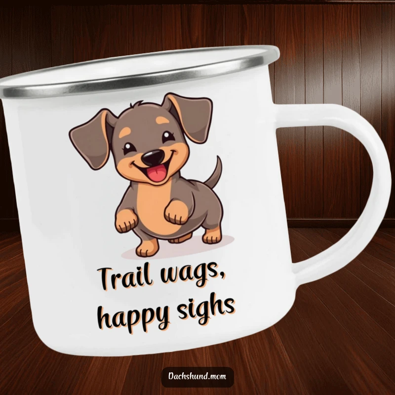 Funny Kawaii Dachshund Camping Mug: A joyful dachshund wiggles its stubby tail with glee around a campfire, perfect for outdoor adventures.