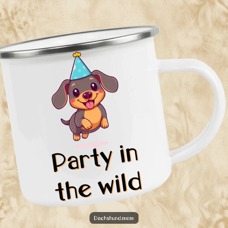 Funny Kawaii Dachshund Camping Mug: Cute doxie in a party hat, joyfully leaping, a durable and humorous outdoor cup.