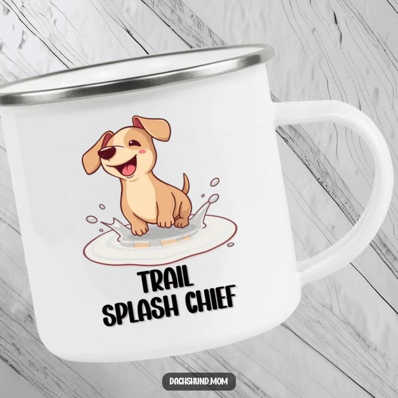 Funny Dachshund Camping Mug: A cute kawaii dachshund joyfully splashing in a tiny puddle, ready for any outdoor escapade.