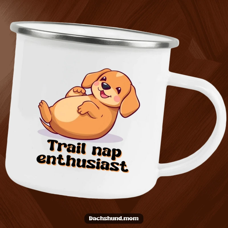 Funny Kawaii Dachshund Camping Mug, a rugged mug showing a happy dog rolling on its back, outdoor ready.