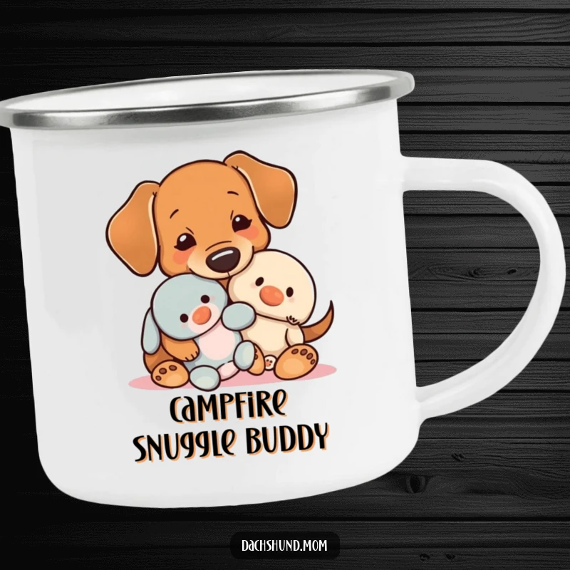 Funny Kawaii Dachshund Camping Mug, a rugged mug showing a dog hugging a toy, perfect for cozy outdoor moments.