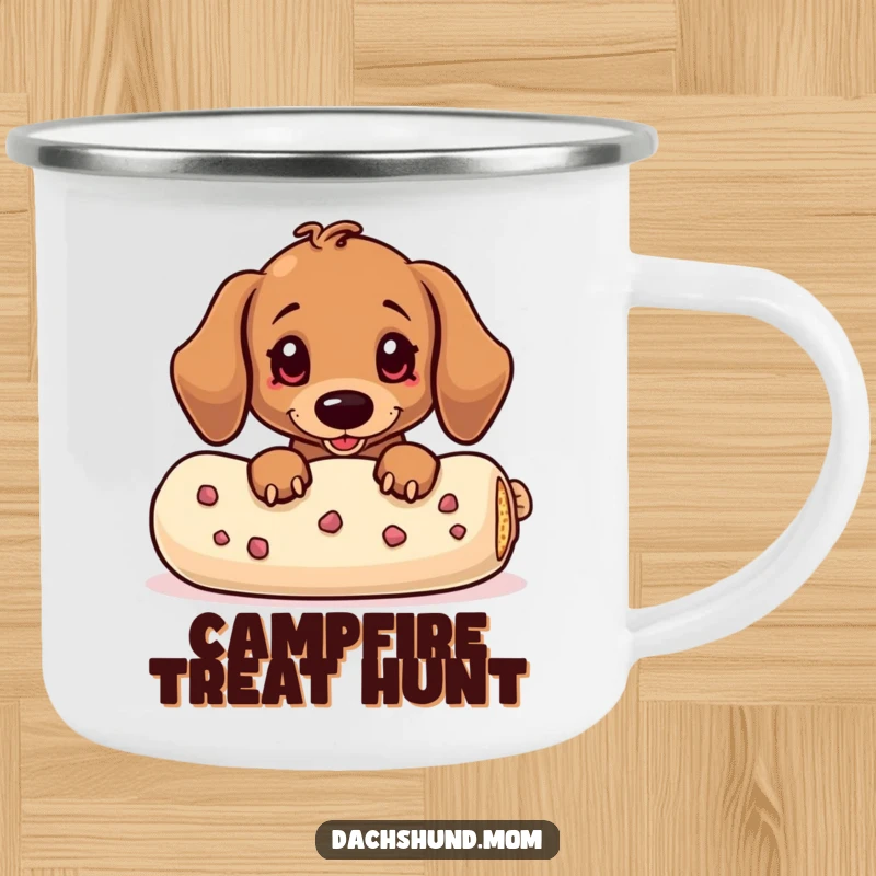 Funny Dachshund Camping Mug: A cute kawaii dachshund peeking from behind a large treat, ready for any adventure.