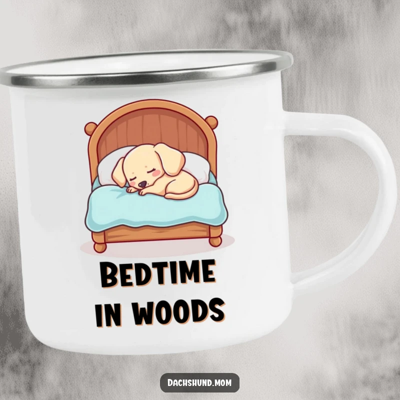 Funny Kawaii Dachshund Camping Mug: A sleepy dog is adorably squished into a tiny bed, perfect for enjoying nature.
