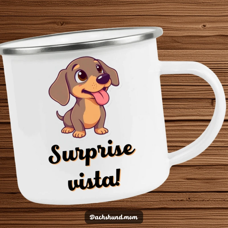 Funny Dachshund Camping Mug: A durable mug with a surprised wiener dog sticking its tongue out, ideal for outdoor trips.