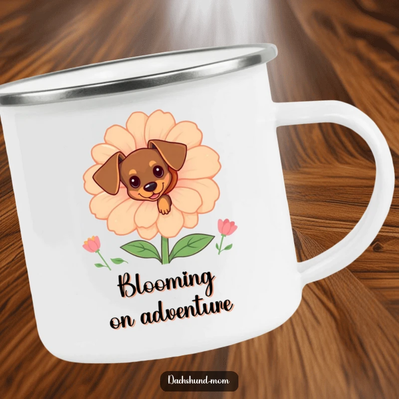 Funny tiny dachshund peeking from behind a large flower on a rugged camping mug, perfect for outdoor fun.