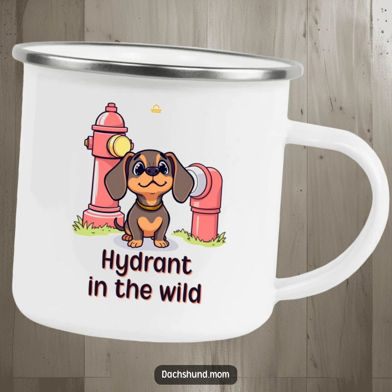 Funny Kawaii Dachshund Camping Mug: A cute dog looks up in bewilderment at a giant fire hydrant, perfect for enjoying nature.