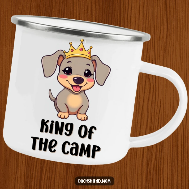 Funny kawaii dachshund wearing a crown and wagging its tail on a camping mug, for royal outdoor humor.