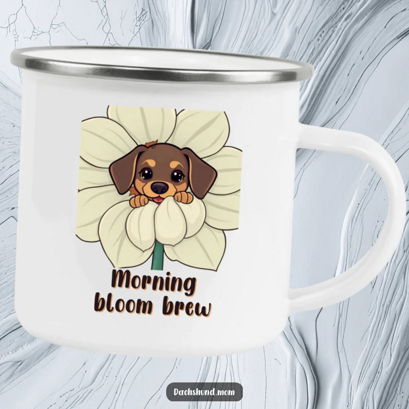 Funny camping mug with a kawaii dachshund curiously peeking from behind a flower, perfect for outdoor humor and cute fans.