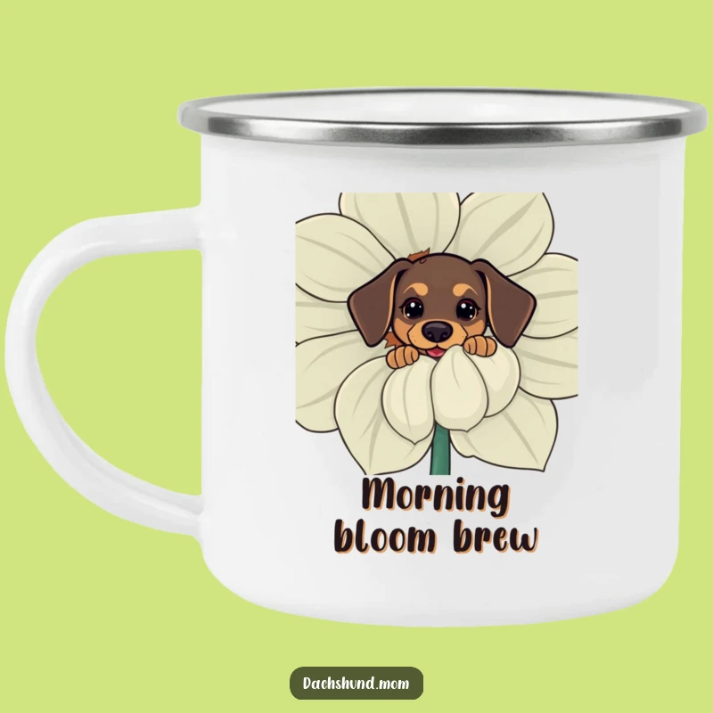 Funny Kawaii Dachshund Camping Mug: Curious Pup Behind Flower, Hilarious Outdoor Gear