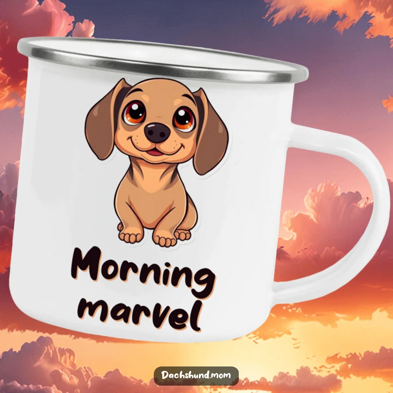 Funny Kawaii Dachshund Camping Mug with sparkling eyes looking up in wonder, perfect for outdoor enthusiasts and gift-givers.