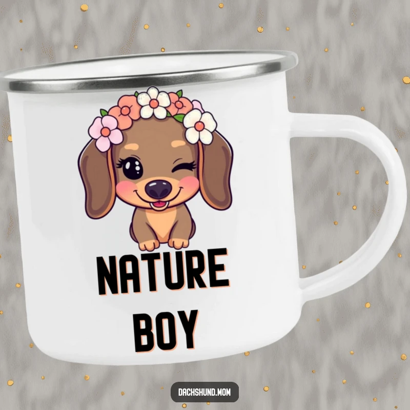 Funny Kawaii Dachshund Camping Mug featuring a dog with a flower crown giving a playful wink, perfect for outdoor humor and gifting.