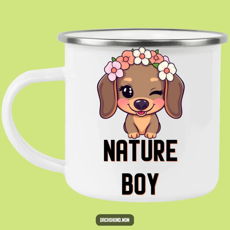 Funny Kawaii Dachshund Camping Mug: Flower Crown Wink Outdoors